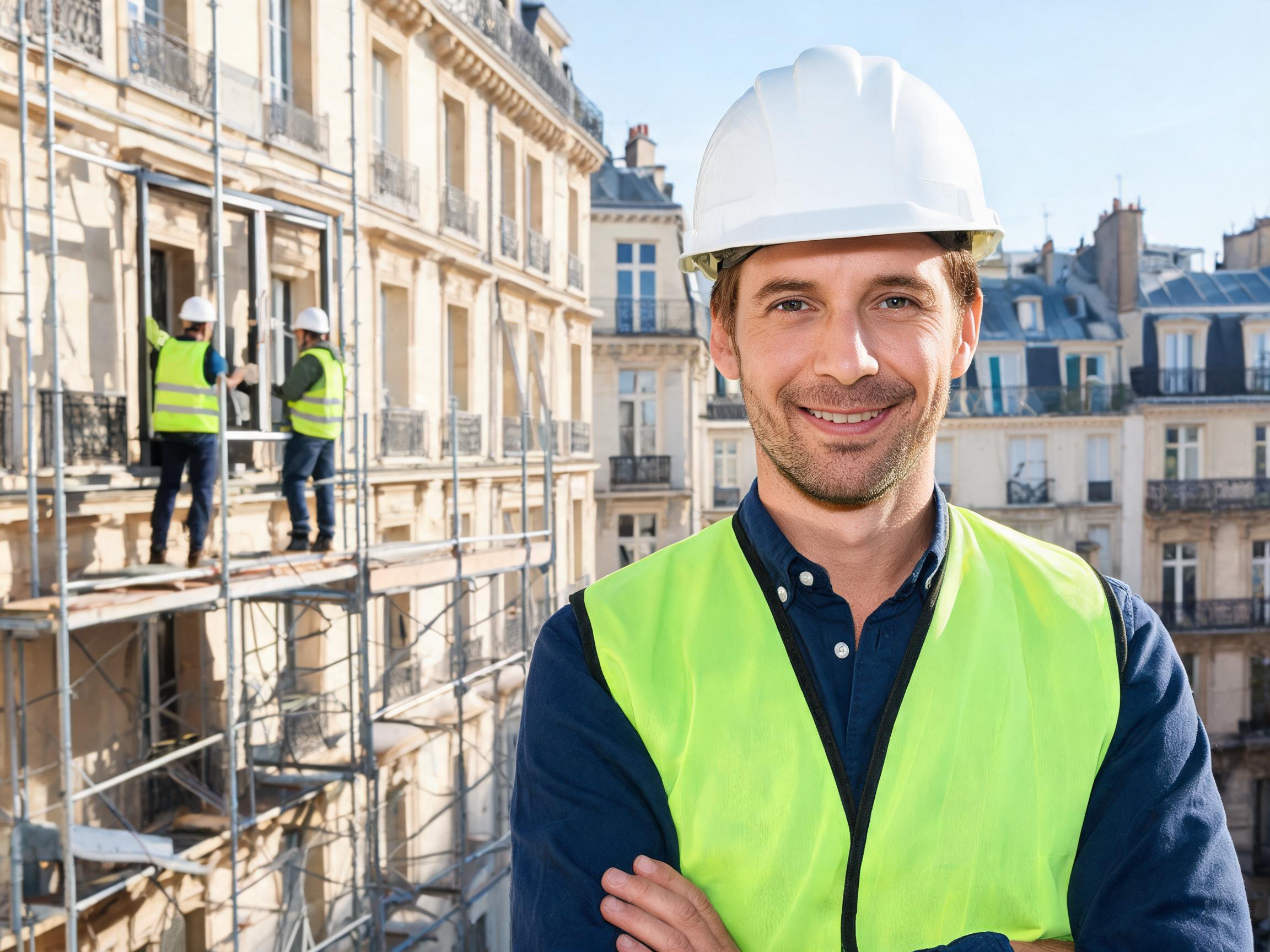 Chef de chantier souriant devant un chantier de pose de fenêtres aluminium en façade haussmannienne